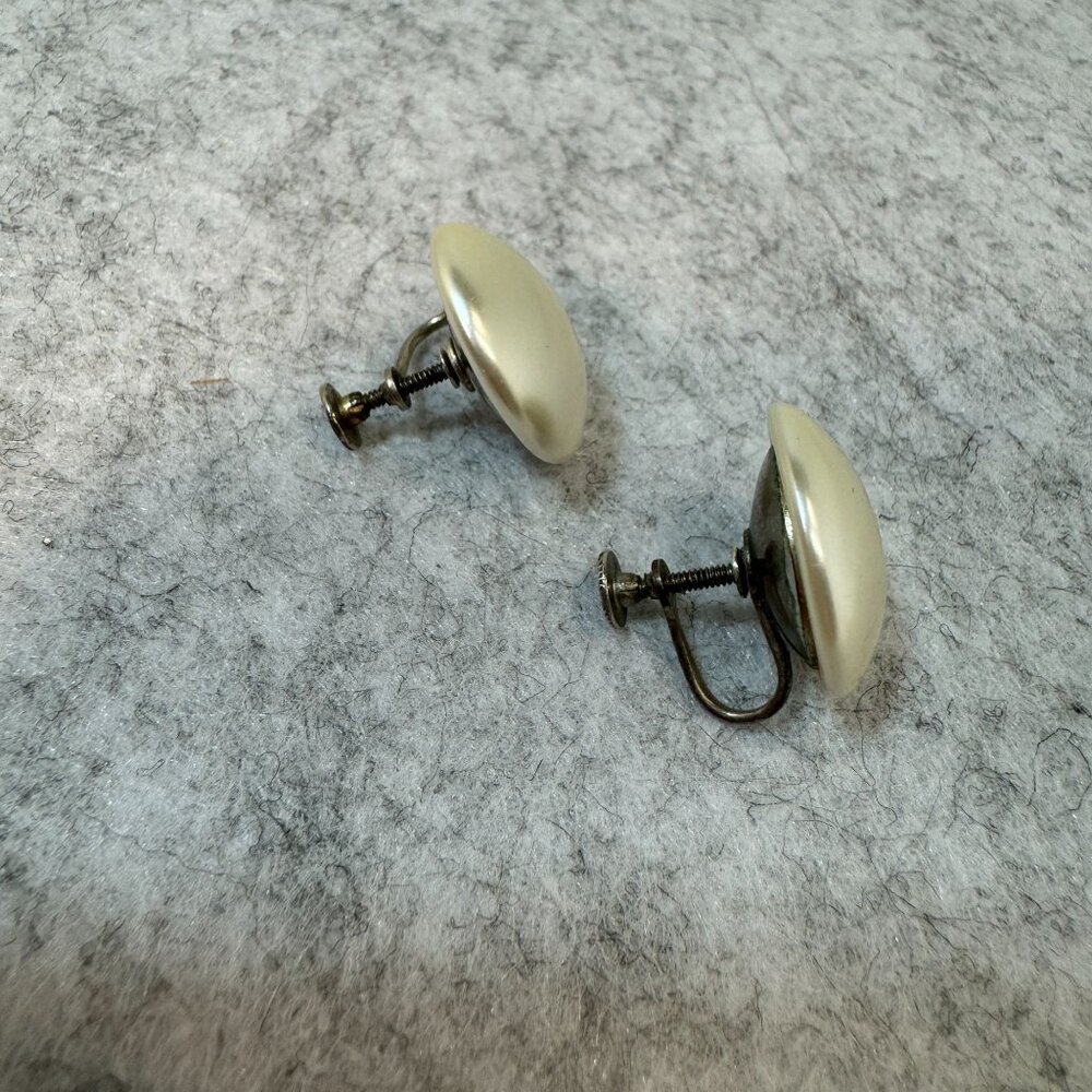Vintage Sterling Silver & Faux Pearl Clip-On Earrings MCM Button shaped - Picture 7 of 10